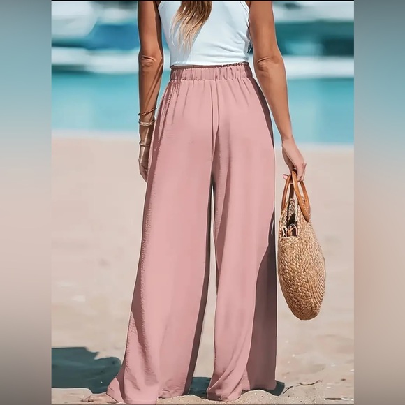 Long Length Elegant Wide Leg Pants - Soft Polyester, Fake Drawstring, Loose Fit - Picture 3 of 3